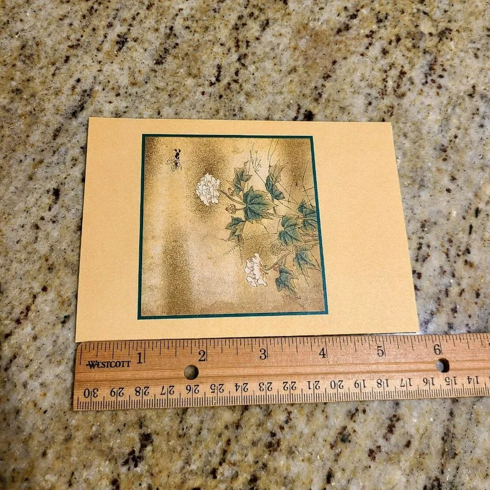 3 Kano Tanyu Blank Cards. Shimmer. Butterfly Mallow, Sparrows, Crane Lotus Pond